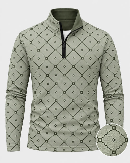 Salbeigrüner Golfpullover aus Funktionsmaterial mit geometrischem Muster und kurzem Reißverschluss