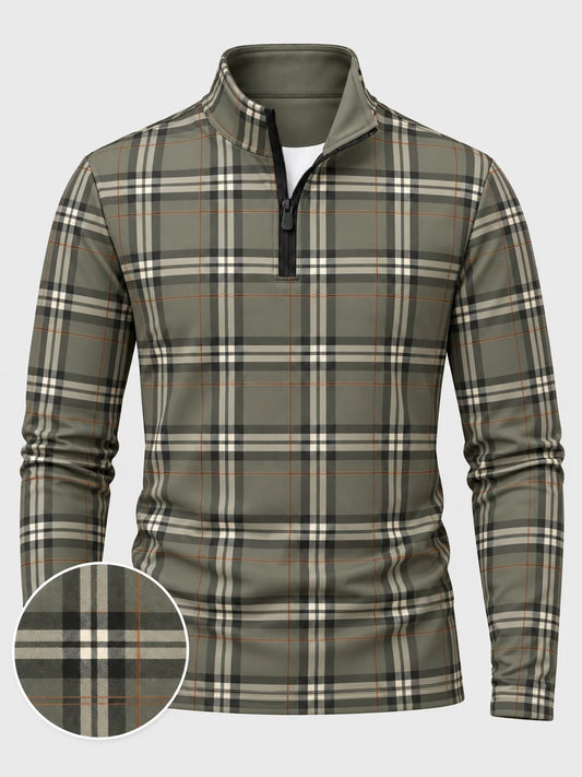 Golf-Pullover in Olivgrün mit Tartan-Karomuster und kurzem Reißverschluss