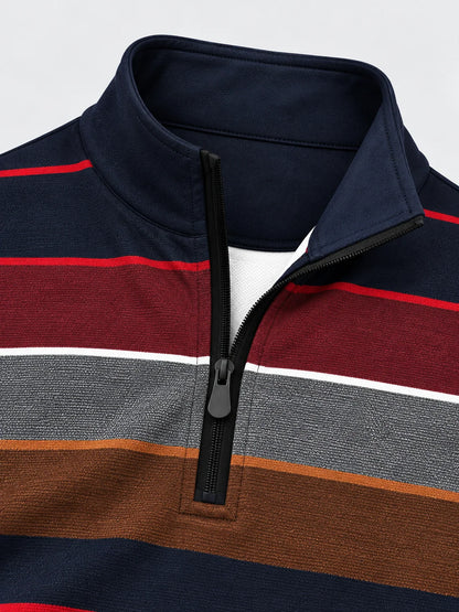 Bordeauxroter Golf-Pullover mit anthrazitfarbenen und kupferfarbenen Color-Blocking-Elementen und Viertelreißverschluss aus Funktionsmaterial