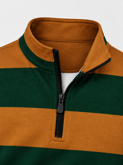Golf-Pullover mit Rugby-Streifen in Kieferngrün und Senfgelb und Viertelreißverschluss aus Funktionsmaterial