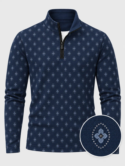 Performance-Pullover mit Viertelreißverschluss und Medaillonmuster in Marineblau