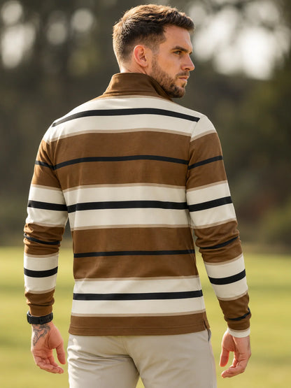 Golf-Pullover mit breiten Streifen in Espressobraun, Elfenbein und Schwarz und Viertelreißverschluss aus Funktionsmaterial