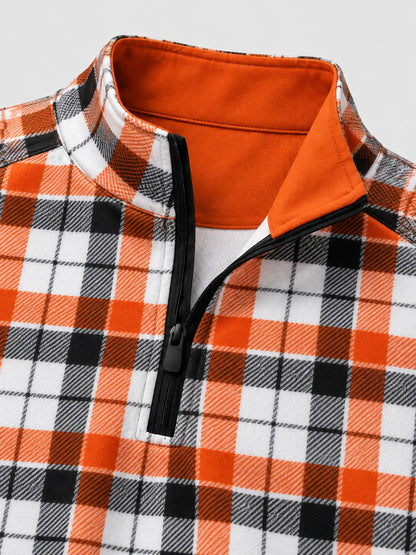 Herbstorangefarbener Performance-Quarter-Zip-Pullover mit Karomuster