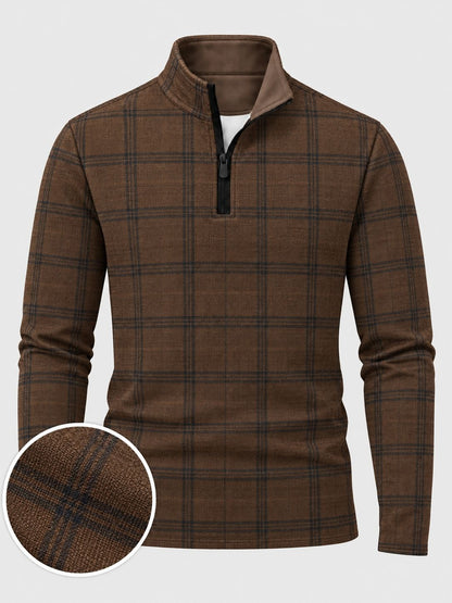 Golf-Pullover mit Viertelreißverschluss und edlem braunem Fensterkaro-Muster aus Funktionsmaterial