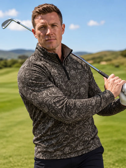 Dunkelbrauner Golfpullover mit floralem Vintage-Print, Funktionsmaterial und Viertelreißverschluss