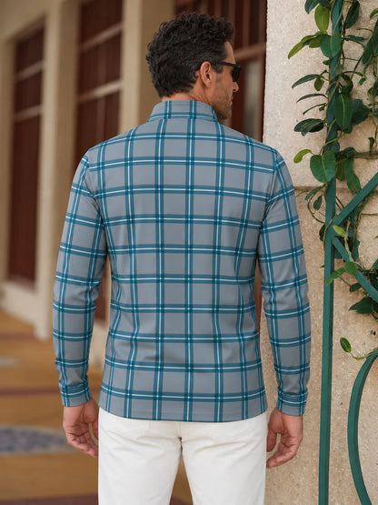 Golf-Pullover in Blaugrün und Grau mit Karomuster und kurzem Reißverschluss