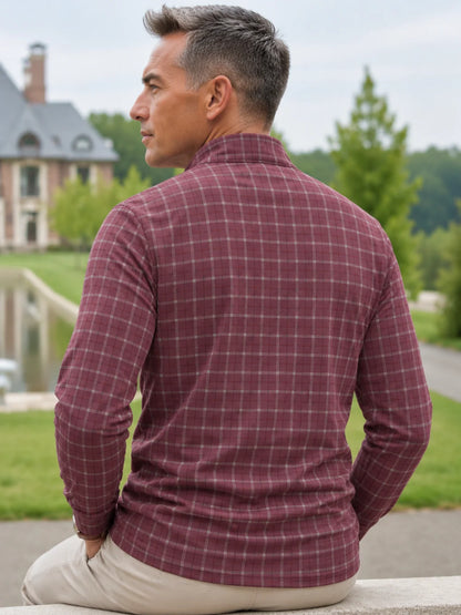 Golf-Pullover aus Funktionsmaterial in Altrosa mit feinem Karomuster und Viertelreißverschluss