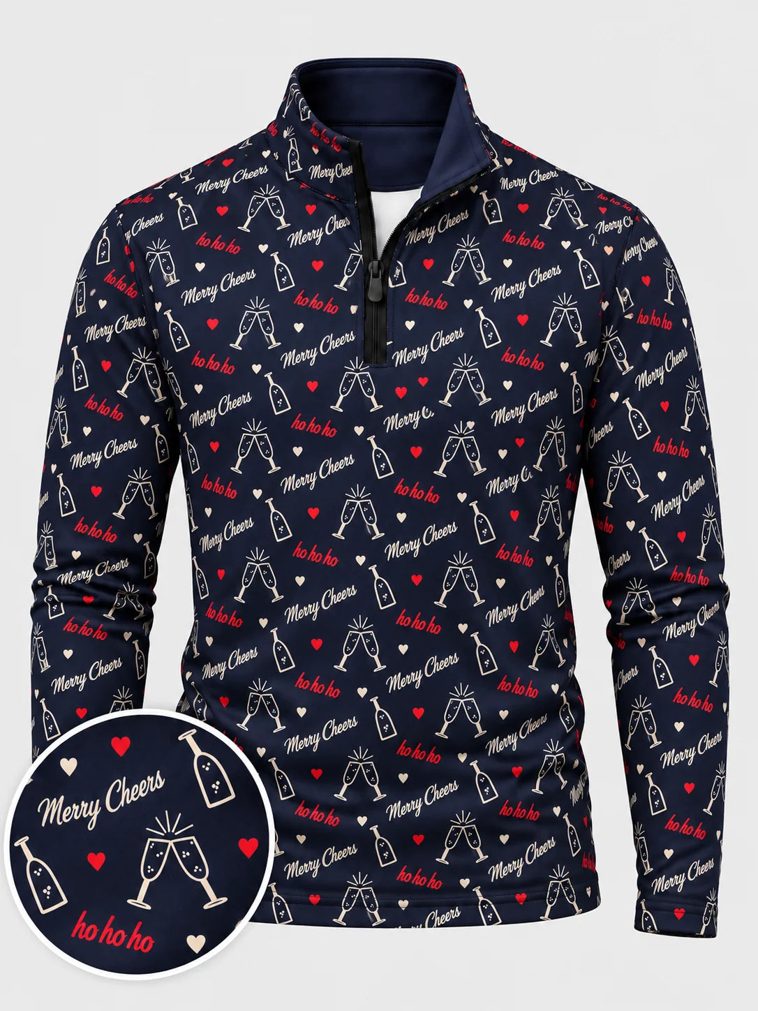 Golfpullover in Mitternachtsblau mit festlichem Weihnachtsmotiv und Viertelreißverschluss