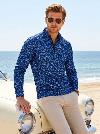 Performance-Pullover in Marineblau mit Blumenmuster und Viertelreißverschluss