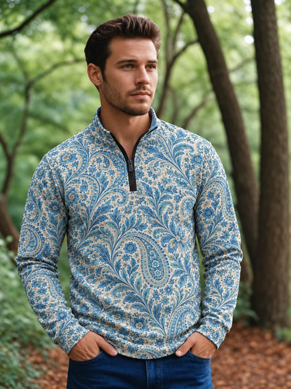 Golfpullover in Himmelblau mit floralem Paisley-Muster, Funktionsmaterial und Viertelreißverschluss