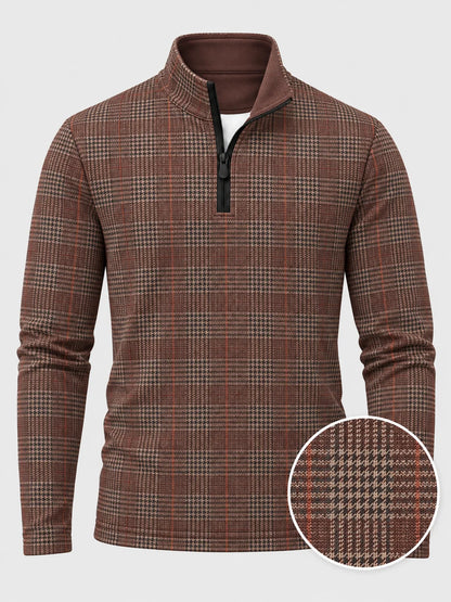 Golf-Pullover aus Funktionsmaterial in Rostbraun mit Glencheck-Karomuster und Viertelreißverschluss