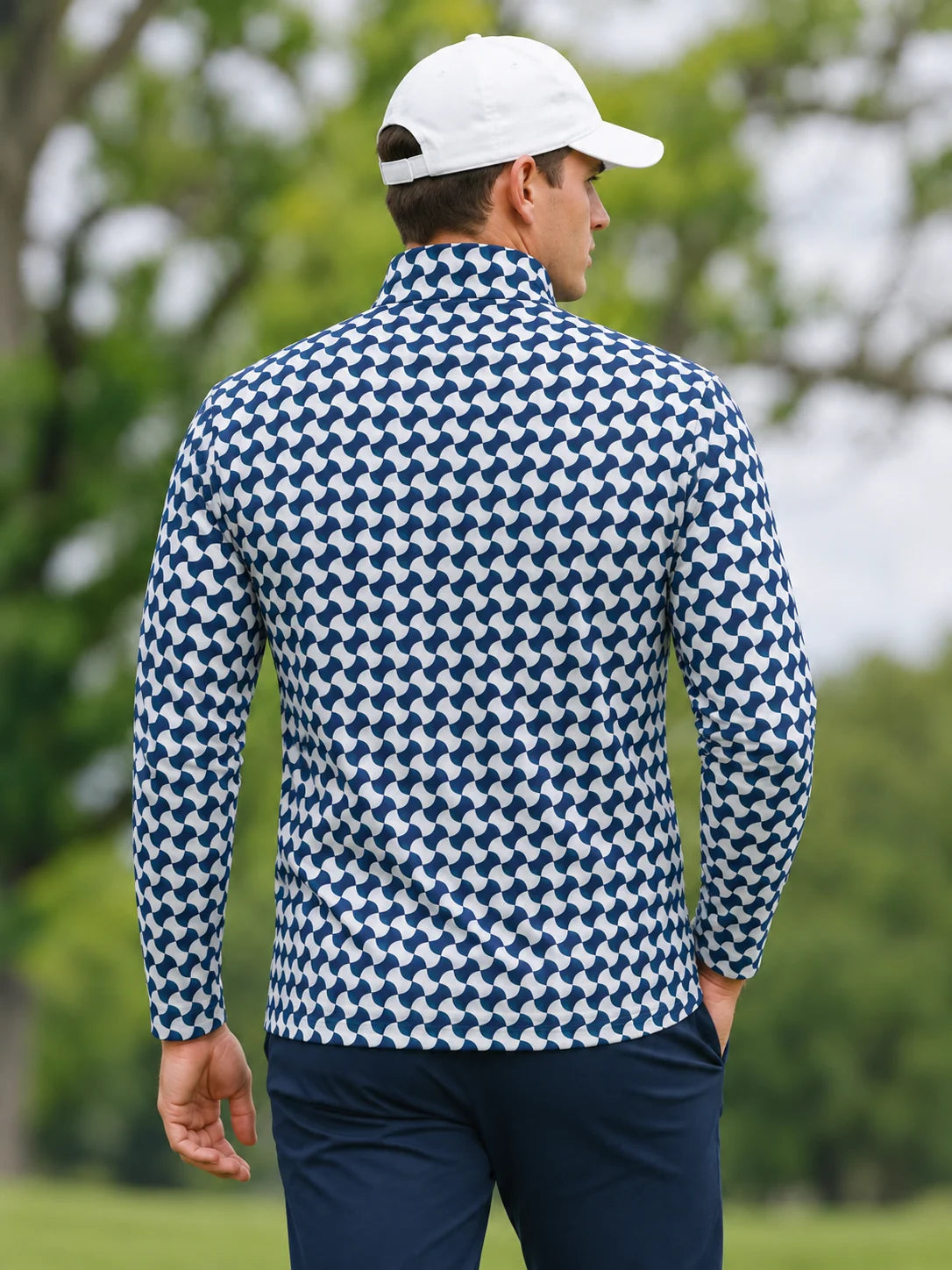 Blauer Performance-Pullover mit Wellenmuster und kurzem Reißverschluss