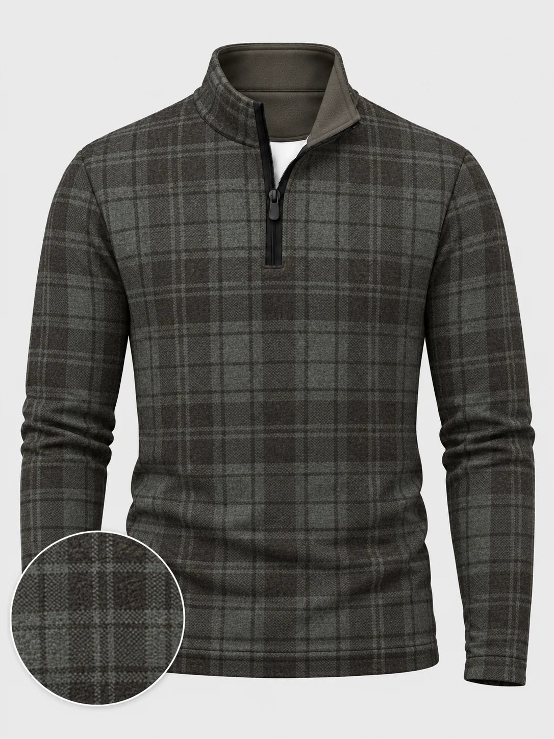 Golf-Pullover mit Viertelreißverschluss und Karomuster in Anthrazit und Olivgrün