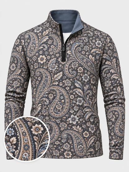 Blauer Golfpullover mit floralem Paisley-Muster, Funktionsmaterial und Viertelreißverschluss