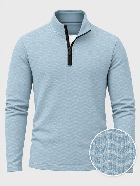 Golfpullover mit Wellenstruktur in Eisblau, Funktionsmaterial und Viertelreißverschluss