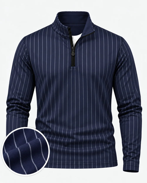 Performance-Golfpullover in Marineblau mit Nadelstreifen und Viertelreißverschluss