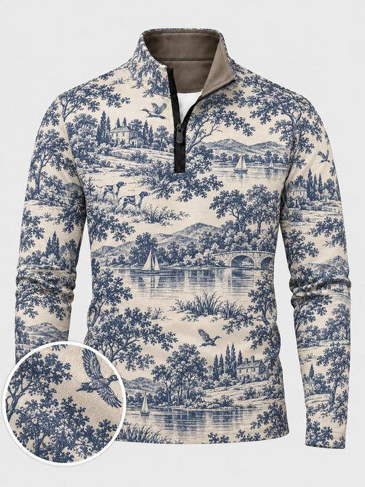 Blau-cremefarbener Golfpullover im Country-Stil mit Viertelreißverschluss