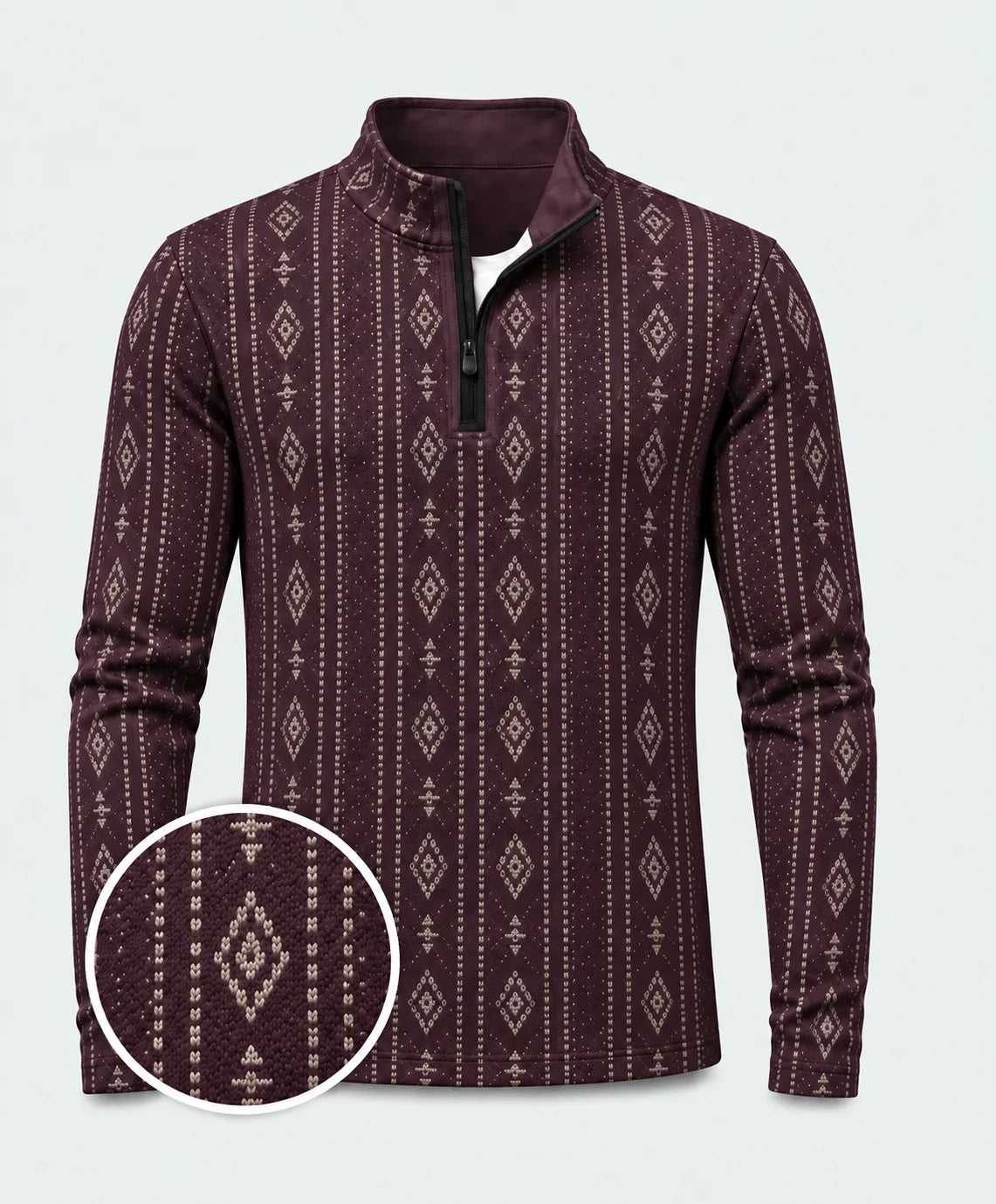 Dunkelpflaumenfarbener Heritage-Pullover mit Muster und kurzem Reißverschluss