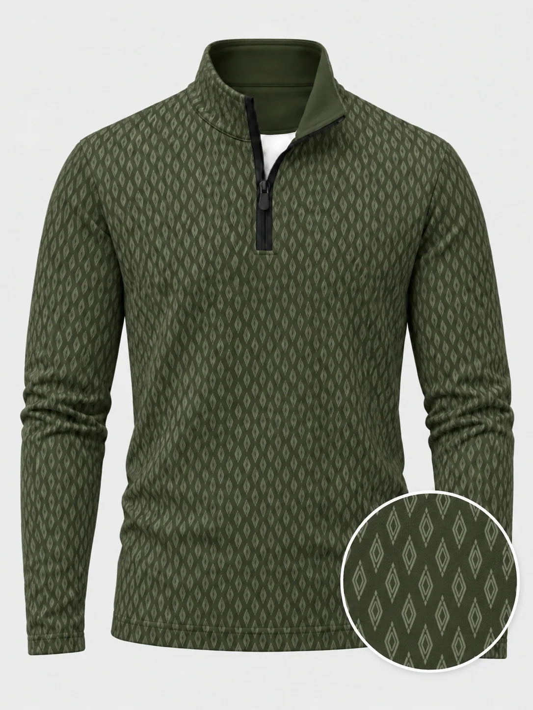 Performance-Pullover mit Viertelreißverschluss und Rautenmuster in Olivgrün