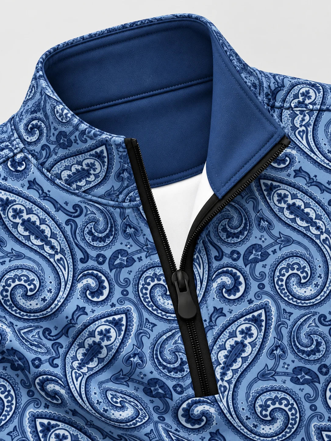 Blauer Performance-Pullover mit Viertelreißverschluss und Paisley-Muster