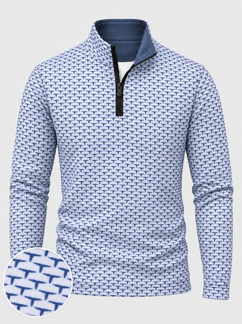 Performance-Pullover in Elfenbein mit dezentem geometrischem Muster und kurzem Reißverschluss