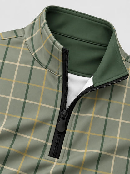 Golf-Pullover in Salbeigrün mit großem Karomuster und kurzem Reißverschluss