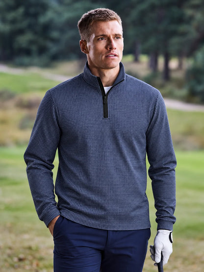 Golf-Pullover in Tiefblau mit feinem Karomuster und kurzem Reißverschluss