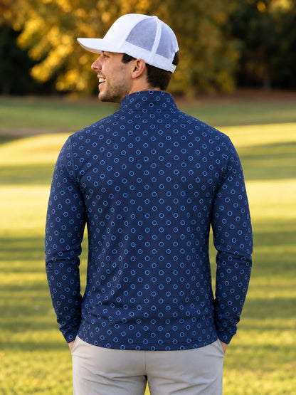 Navyblauer Performance-Pullover mit gepunktetem Kreismuster und kurzem Reißverschluss