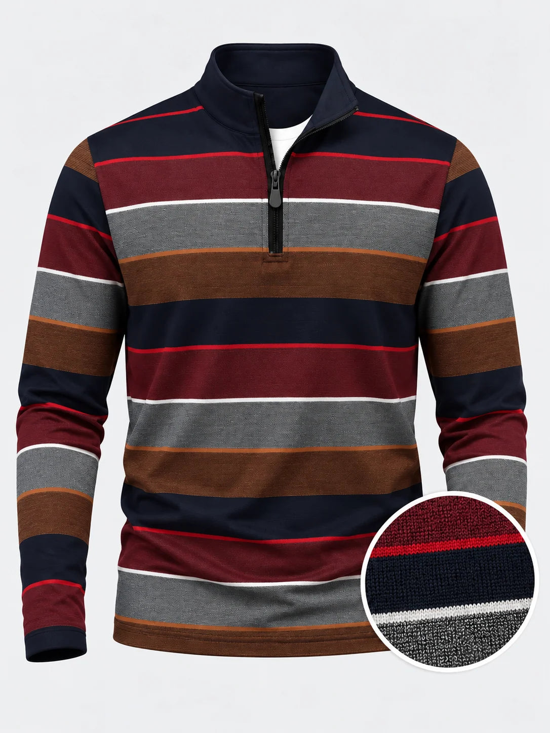 Bordeauxroter Golf-Pullover mit anthrazitfarbenen und kupferfarbenen Color-Blocking-Elementen und Viertelreißverschluss aus Funktionsmaterial