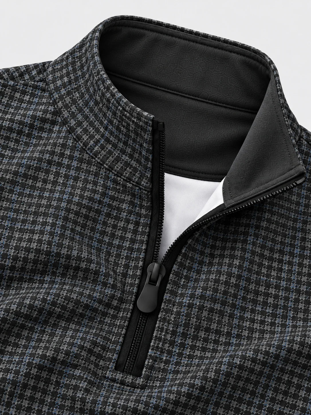 Golf-Pullover mit Viertelreißverschluss und Mikro-Karomuster in Anthrazitblau