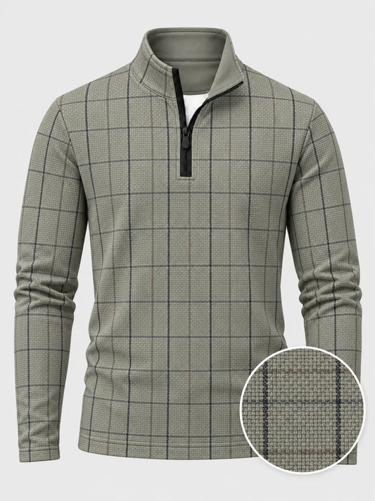 Golf-Pullover mit Viertelreißverschluss und Fensterkaromuster in Salbeigrau
