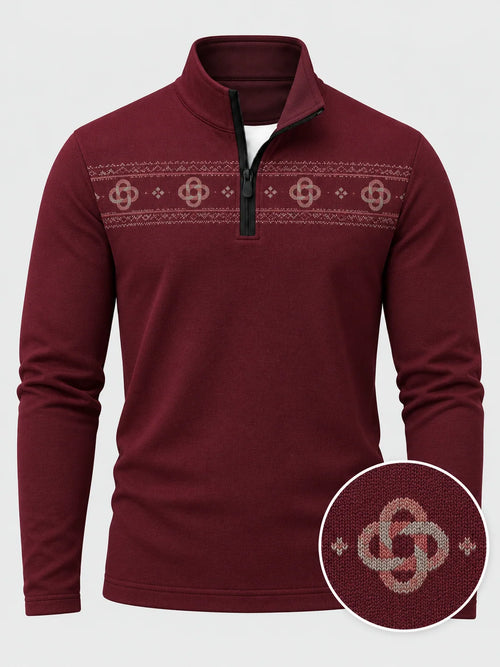 Burgunderroter Performance-Pullover mit keltischem Knotenmuster und Viertelreißverschluss