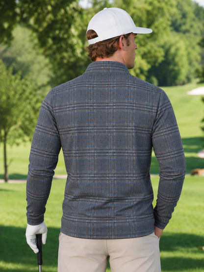 Blau-grauer Golfpullover aus Funktionsmaterial mit Karomuster und kurzem Reißverschluss
