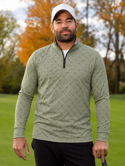 Salbeigrüner Golfpullover aus Funktionsmaterial mit geometrischem Muster und kurzem Reißverschluss