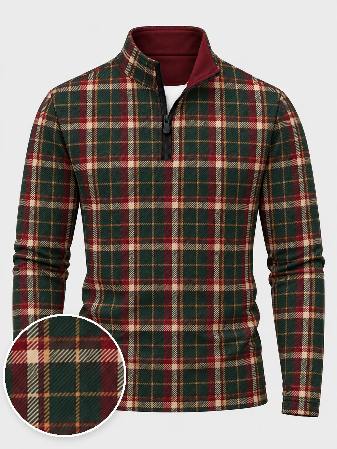 Golfpullover in Tannengrün mit weihnachtlichem Tartanmuster und Viertelreißverschluss