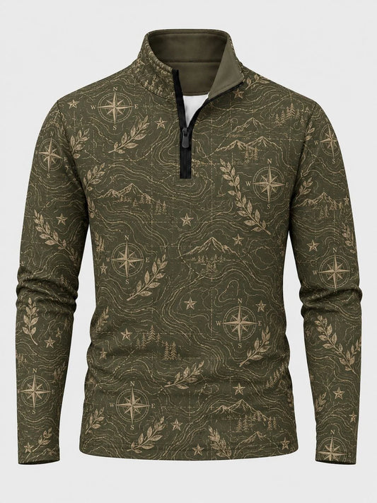 Golf-Pullover aus Funktionsmaterial in Olivgrün mit Vintage-Kompass- und Kartenmotiv sowie Viertelreißverschluss