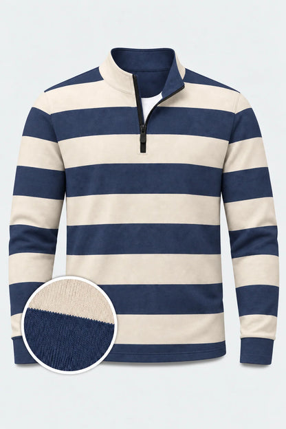 Marineblauer Golf-Pullover mit elfenbeinfarbenen Rugby-Streifen und Viertelreißverschluss aus Funktionsmaterial