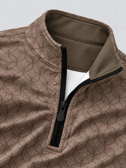 Performance-Golfpullover in Taupebraun mit geometrischem Muster und Viertelreißverschluss