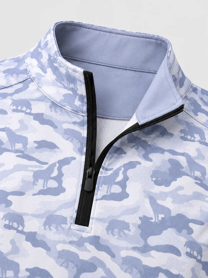 Eisblauer Golf-Pullover mit Schneetarnmuster und Viertelreißverschluss