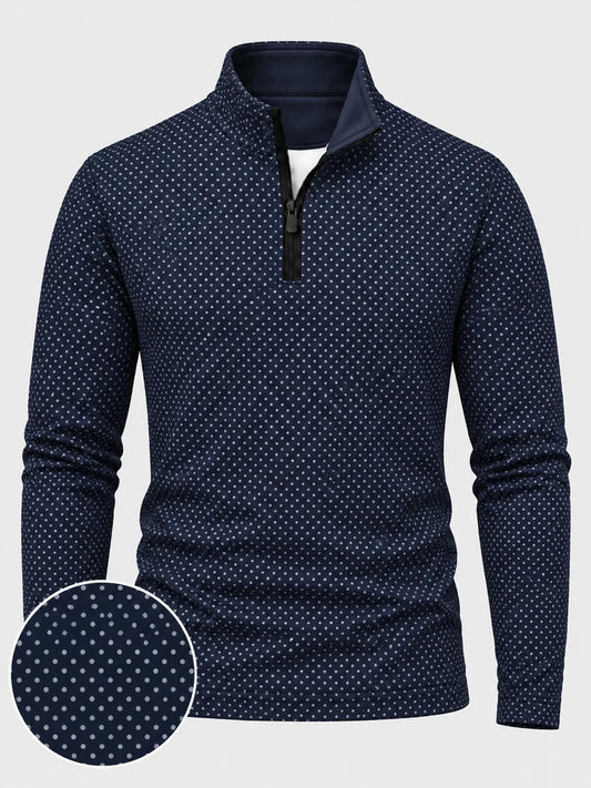 Marineblauer Performance-Pullover mit Viertelreißverschluss und feinem Punktmuster