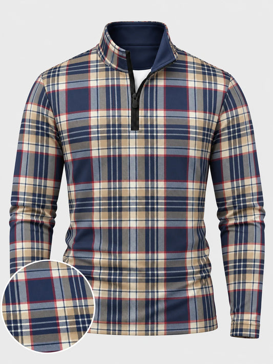 Golfpullover in Camel und Tintenschwarz mit Tartanmuster und Viertelreißverschluss