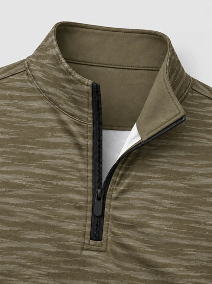 Olivgrüner Performance-Quarter-Zip-Pullover mit dezenten Schattenstreifen