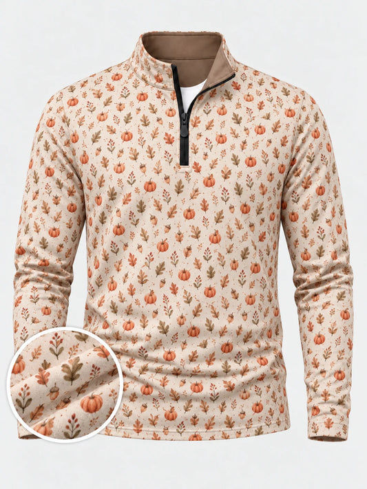 Cremefarbener Golfpullover aus Funktionsmaterial mit Kürbismuster und kurzem Reißverschluss