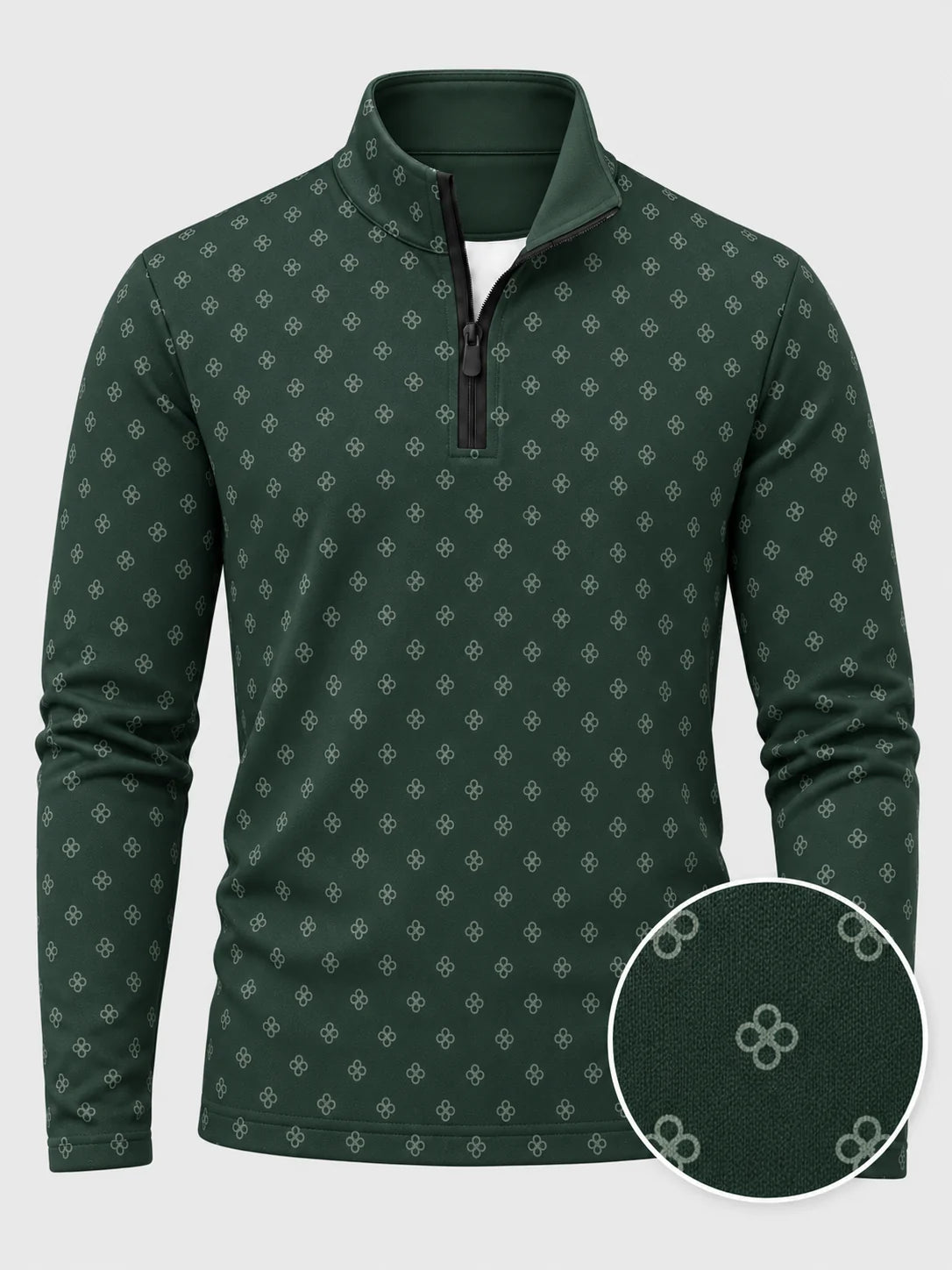Golfpullover mit Kleeblatt-Muster in Waldgrün, Funktionsmaterial und Viertelreißverschluss