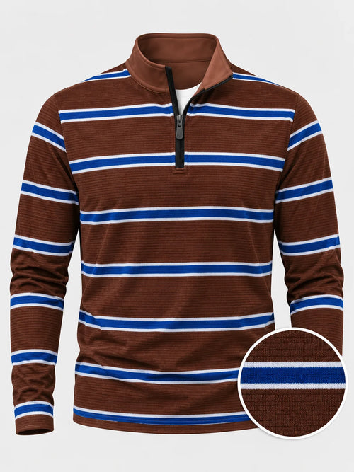 Schokoladenbrauner Golf-Pullover mit kobaltblauen und weißen Streifen und Viertelreißverschluss aus Funktionsmaterial