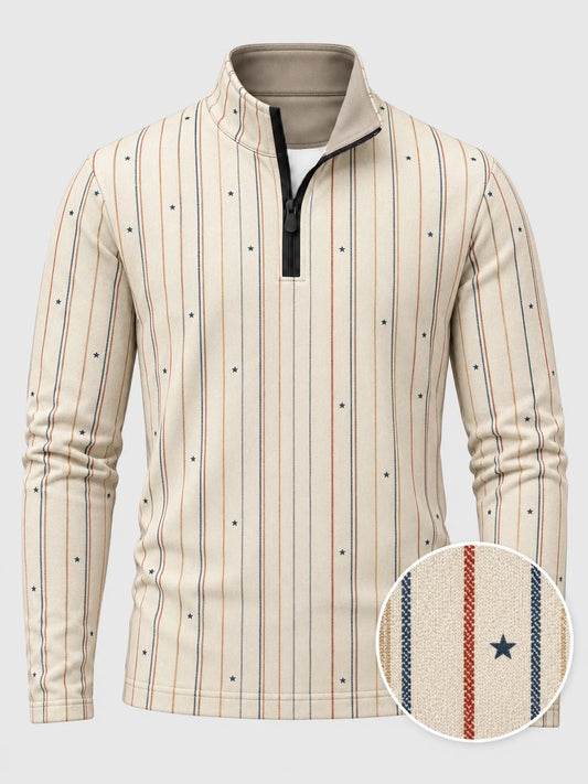 Cremefarbener Golfpullover für Herren mit Sternen- und mehrfarbigem Streifenmuster und Viertelreißverschluss