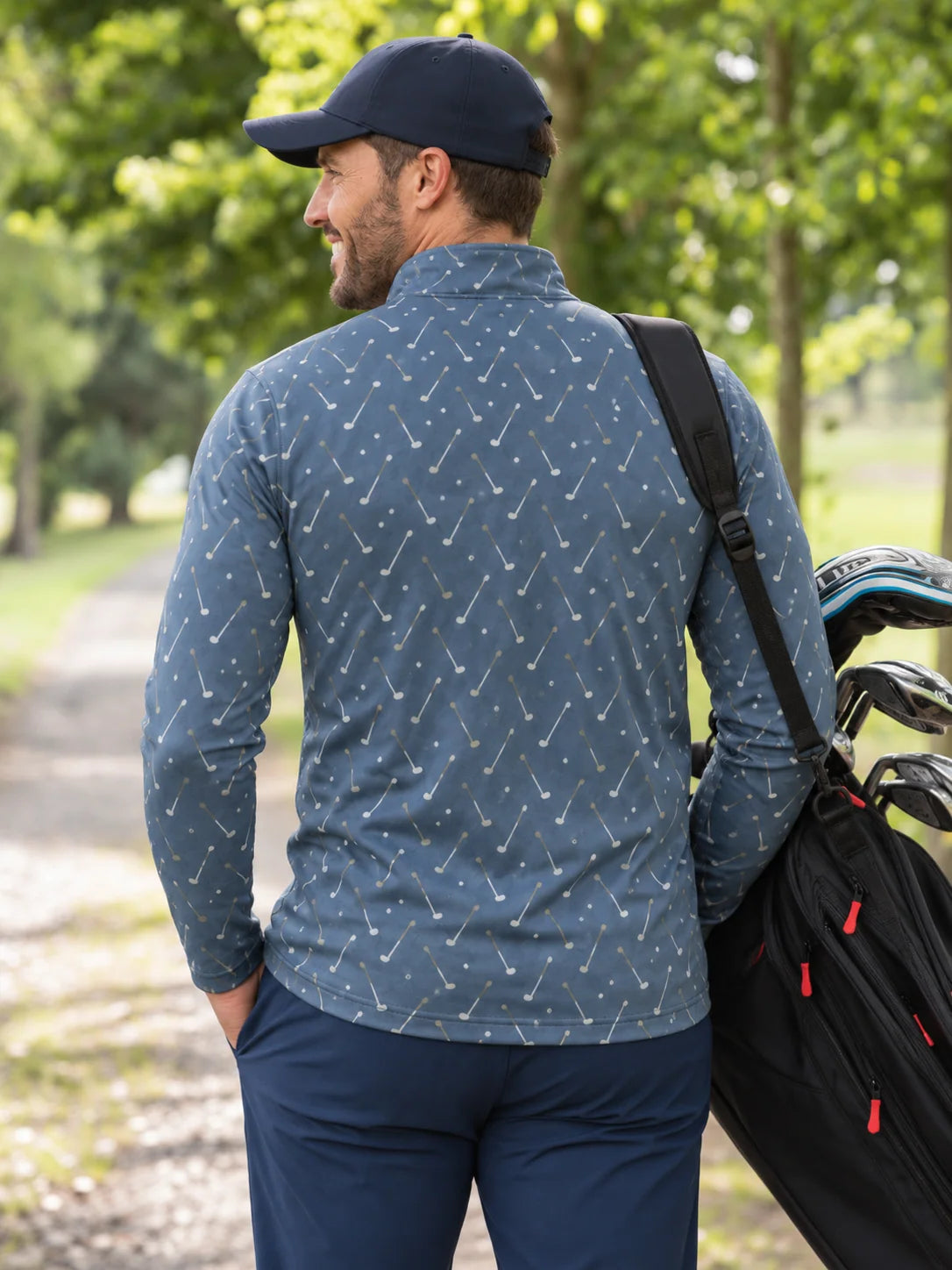 Schieferblauer Golfpullover mit Golfclub-Muster und kurzem Reißverschluss