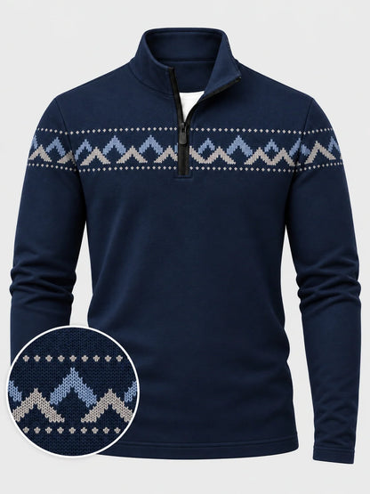 Marineblauer Funktionspullover mit Fair-Isle-Muster und Viertelreißverschluss