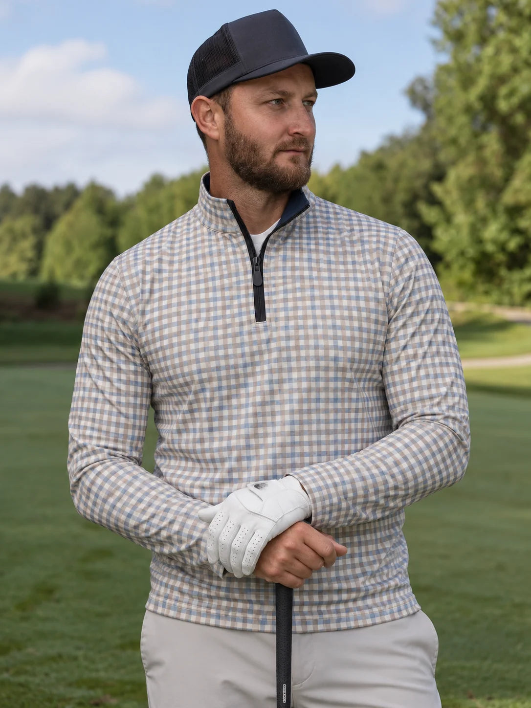 Blau-Beiger Karo-Golfpullover aus Funktionsmaterial mit kurzem Reißverschluss