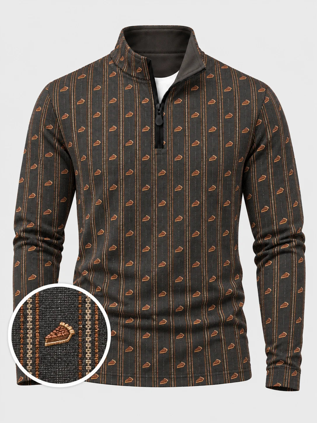 Vintage-Golfpullover mit Kürbiskuchen- und Streifenmuster, Funktionsmaterial und Viertelreißverschluss